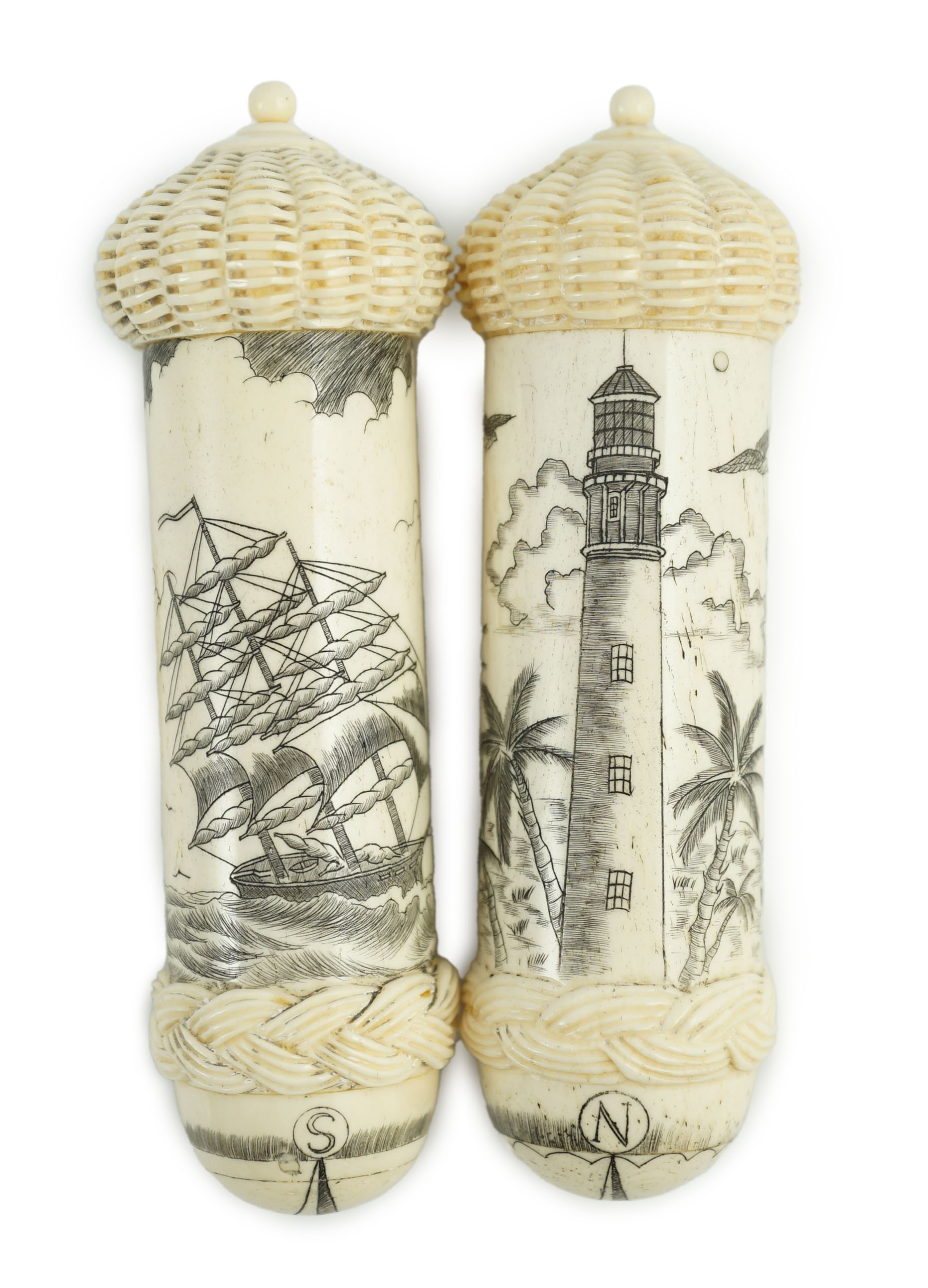 Two bone scrimshaw needle cases, 12cms high